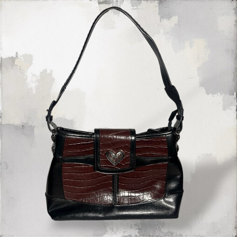 Vintage black and burgundy/red crocodile-embossed leather shoulder bag